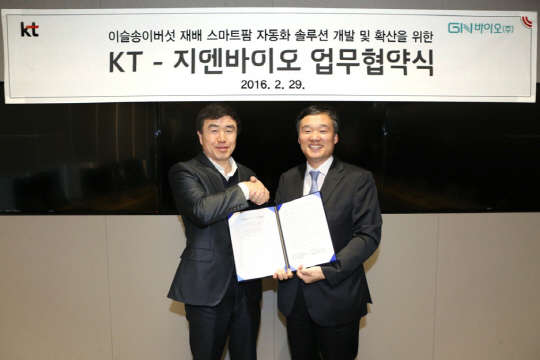 KT는 농업회사법인 지엔바이오와 '이슬송이버섯 재배 스마트팜 솔루션' 개발, 확산을 위한 업무협약을 체결했다고 1일 밝혔다. 두 회사는 배양부터 생육까지의 전 과정에 스마트팜 환경제어 솔루션을 접목해 초보농가의 어려움을 해결한다. 김영찬 지앤바이오 대표(왼쪽)와 윤경림 KT 부사장이 협약 체결 후 기념 촬영을 하고 있다. <KT 제공>